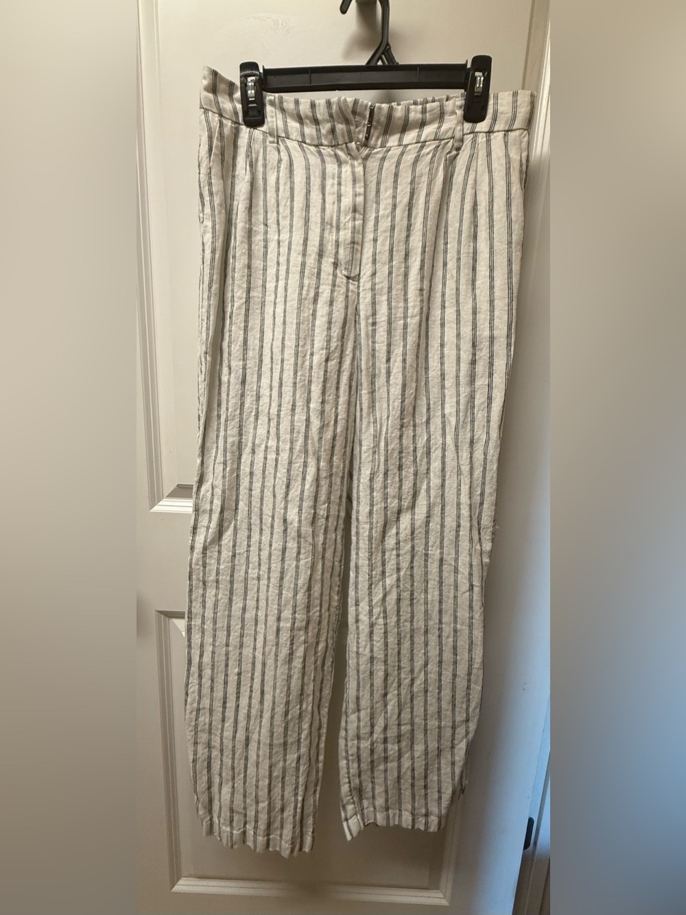 Quince 100% European Linen Pleated Trousers Oatmeal Black Stripe Size 10